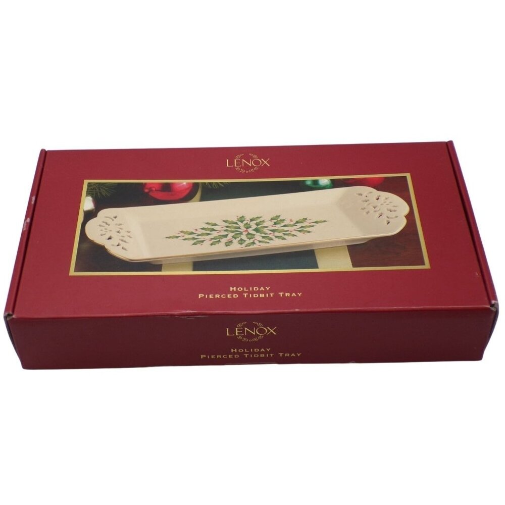 Lenox Dimension Tidbit Tray Pierced Handles Holly Berry Gold Trim 12.25" NIB